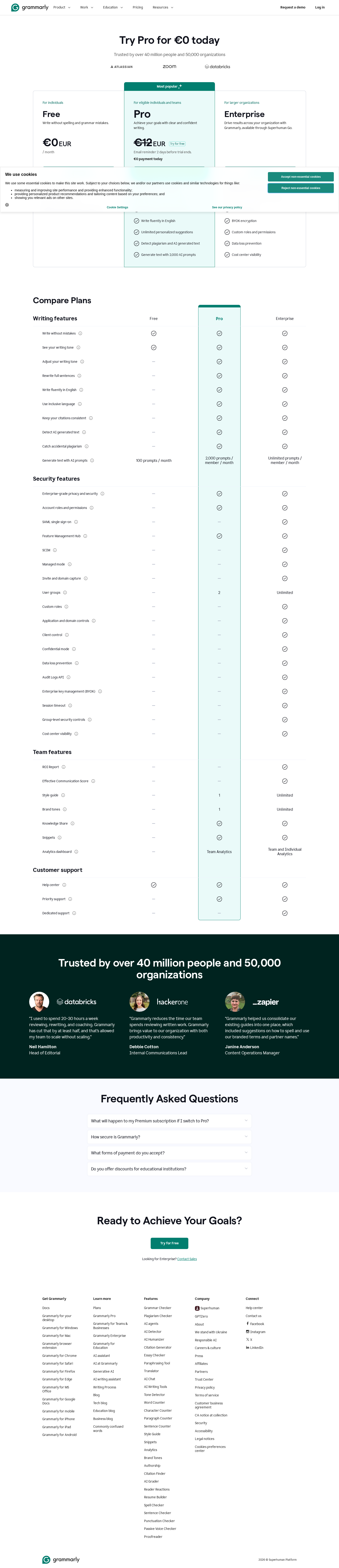 Grammarly pricing page