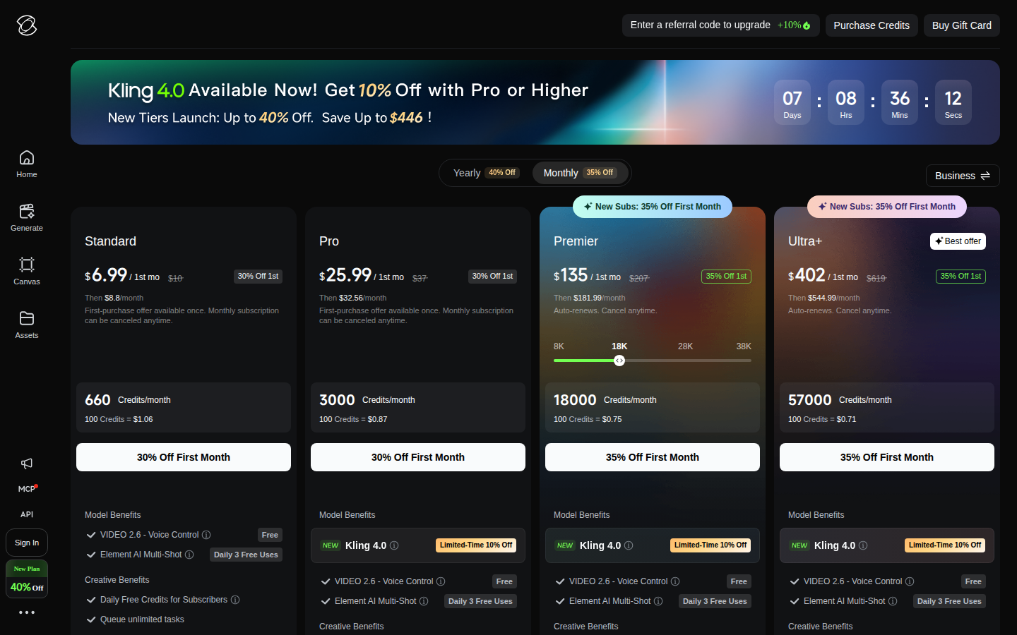 Kling AI pricing page