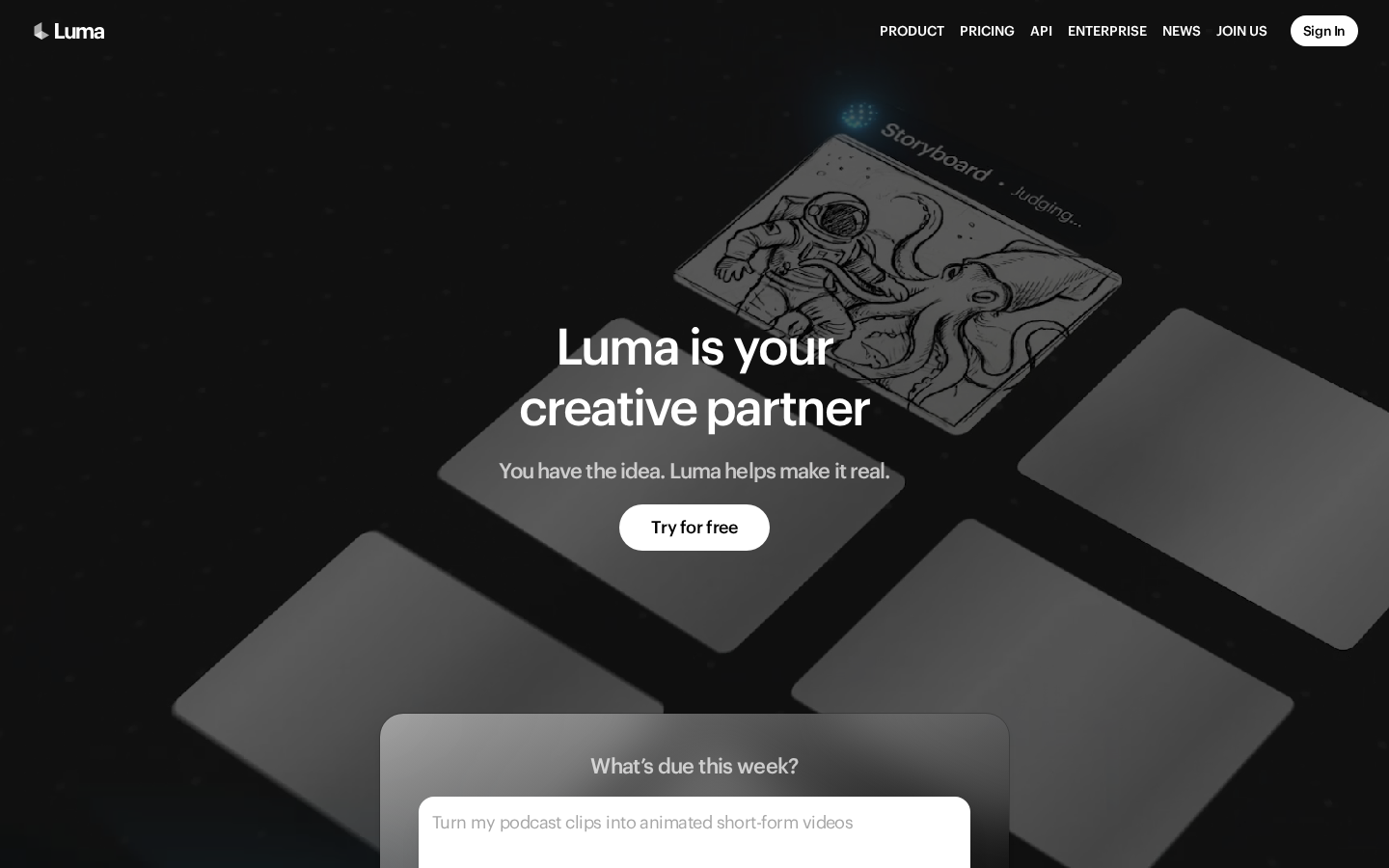 Luma AI homepage